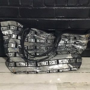 Victoria’s Secret large black and silver sequined tote bag with handles.